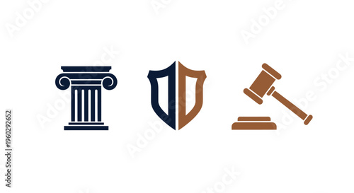 Justice and Law Icons: Pillar, Shield, Gavel on White Background