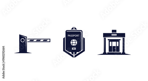 Border control icons: barrier, passport, customs house on white background