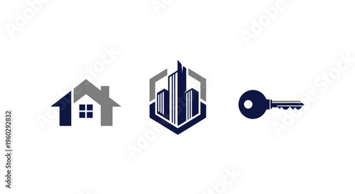 Real Estate Icons: House, Cityscape, Key. Property Investment, Home Ownership, Business Concept.