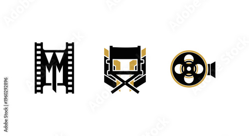Film industry icons: film reel, director's chair, film strip
