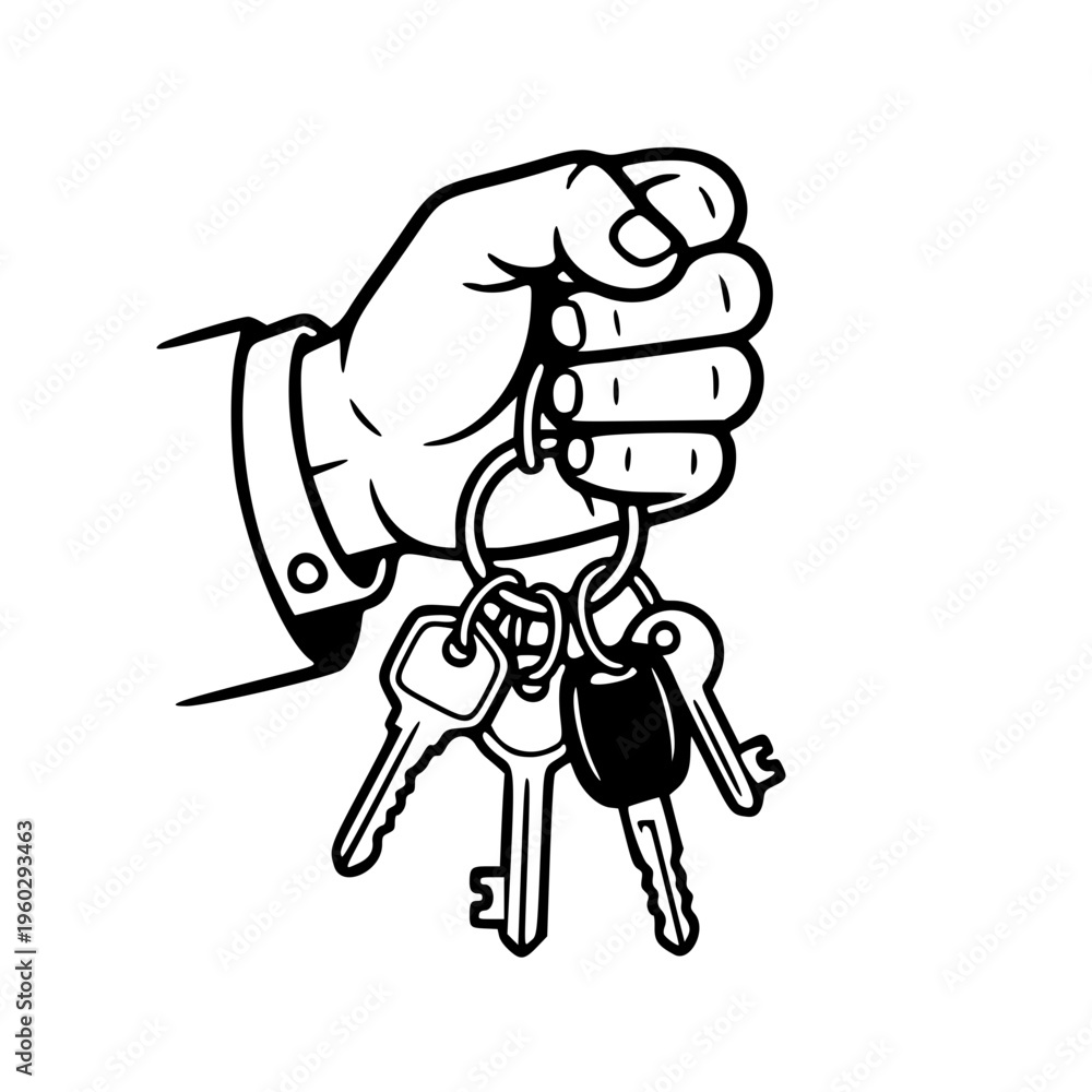 Fototapeta premium Hand Holding Keychain Keys Silhouette Vector Icon Access Security Ownership