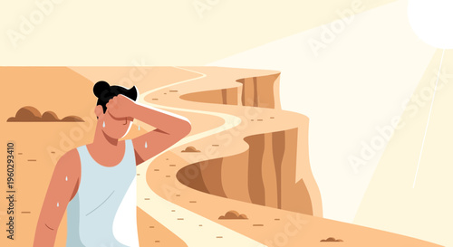 Intense Desert Heat And Overheated Traveler Struggling Under Scorching Sun Rays