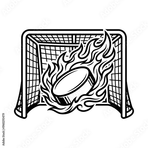 Hockey Goal with Flaming Puck Silhouette Vector Icon Sport Scoring Action