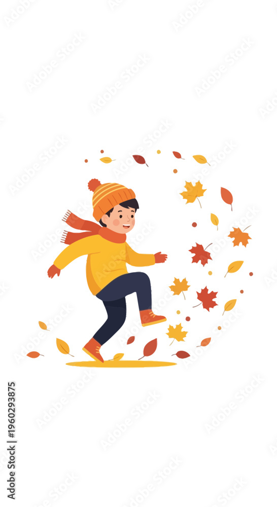 Fototapeta premium Joyful Boy Embraces Autumn Breeze Among Falling Leaves