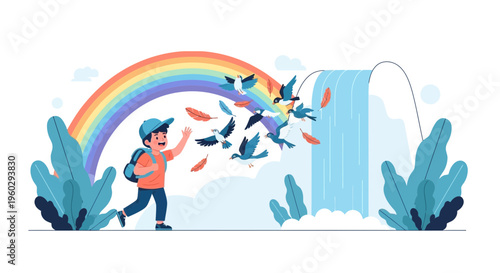 Joyful Boy Chasing Birds Near Rainbow Waterfall Adventure