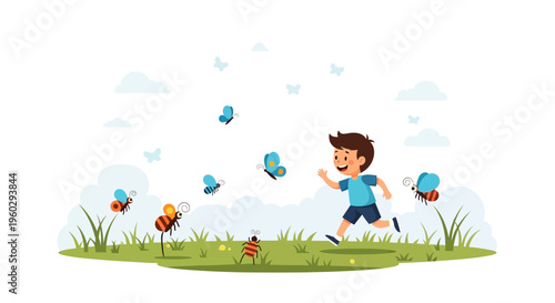 Joyful Boy Chasing Butterflies And Bees In A Sunny Meadow