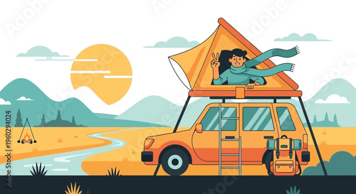 Joyful Camper in Roof Tent Celebrates Scenic Adventure