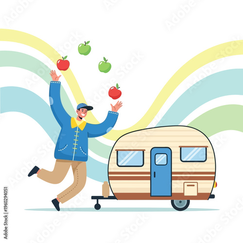 Joyful Camper Juggles Apples Beside Vintage Caravan