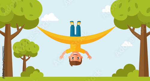 Joyful Boy Swinging Upside Down In Hammock Between Trees On Sunny Day