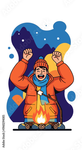 Joyful Camper Roasting Marshmallow Over Campfire Under Starry Sky