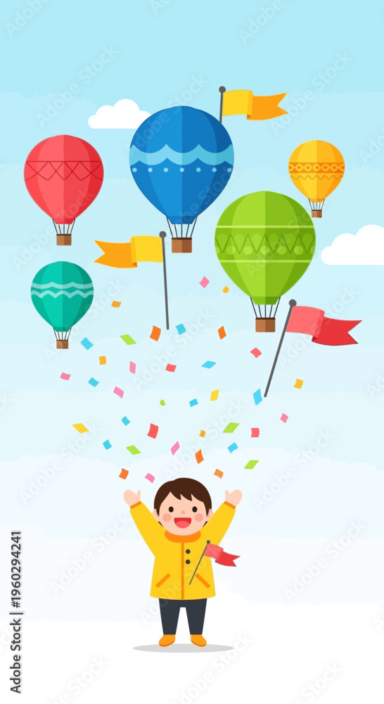 Naklejka premium Joyful Celebration With Hot Air Balloons And Confetti Sky