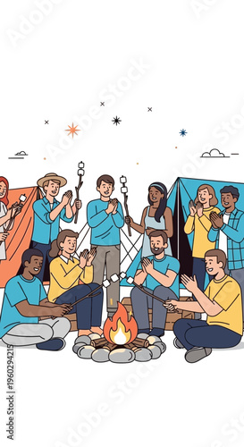 Joyful Campfire Gathering Around A Lively Fire With Friends