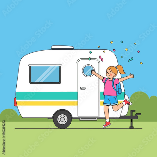 Joyful Child Arrives At Campsite With New Camper Adventure Awaits