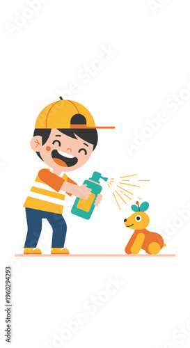 Joyful Child Applying Lotion To Adorable Toy Friend For Playtime Fun