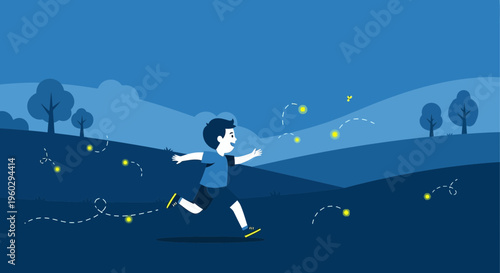 Joyful Child Chasing Fireflies In A Starry Night Landscape