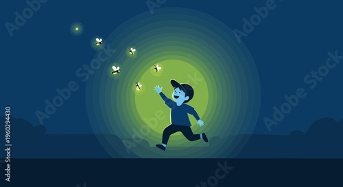 Joyful Child Chasing Fireflies Under The Night Sky