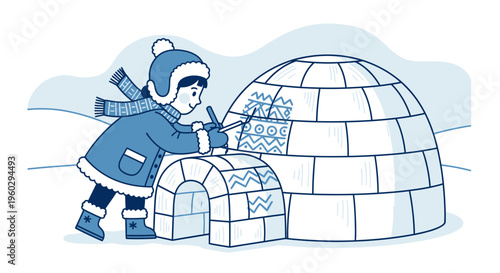 Joyful Child Decorates Snow Igloo With Artistic Patterns During Winter Fun