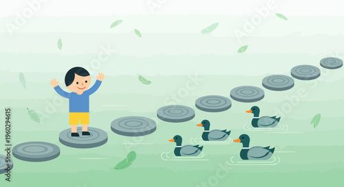 Joyful Child Embarks on Adventure Across Stepping Stones with Ducks