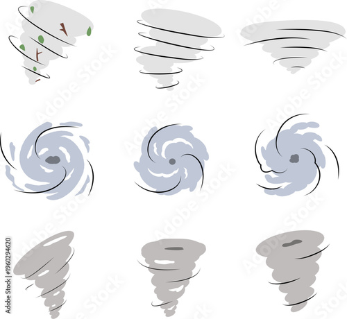 Tornado and Hurricane Icon Set, Cyclone Storm Swirl Weather Disaster Vector Collection