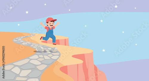 Joyful Child Embarks On An Exciting Journey Across A Scenic Cliff Path