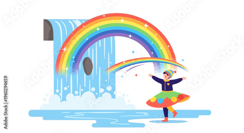 Joyful Child Embraces Vibrant Rainbow at Majestic Waterfall