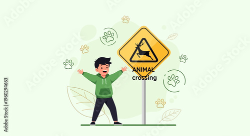 Joyful Child Embraces Wildlife Awareness And Animal Crossing Sign