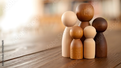 Wooden figurine family representing intergenerational relationship, showing elder, adult, and child figures symbolizing family bond and generational care.