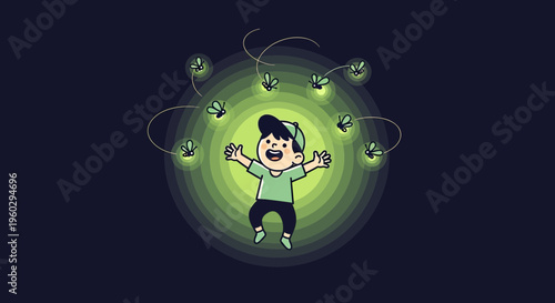 Joyful Child Enchanted By Magical Fireflies In The Twilight