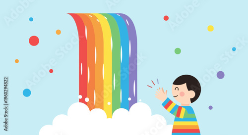Joyful Child Experiencing a Magical Rainbow Waterfall Adventure