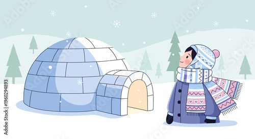 Joyful Child Gazes At Cozy Igloo In Snowy Winter Wonderland Scene