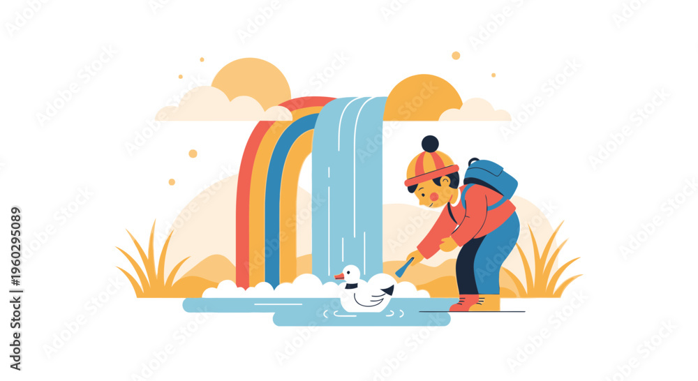 Obraz premium Joyful Child Interacting With Duck Near Rainbow Waterfall