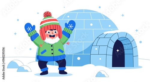 Joyful Child In Winter Snow Playing Near Igloo