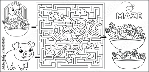 Maze Puzzle Worksheet with Cute Pig and Vegetables for Kids, Labyrinth Game Activity, Problem Solving, Educational Printable Coloring Page for Preschool Learning