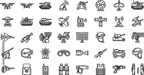 Military and Defense Line Icon Set with Tanks, Drones, Radar, Weapons, Communication Systems, Aircraft, and Tactical Equipment Vector Collection