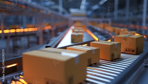 Conveyor with cardboard box moving through warehouse, representing order fulfillment logistics management, package flow, sorting and dispatch process.