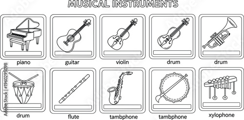 Musical Instruments Flashcards Worksheet for Kids with Piano, Guitar, Violin, Drum, Flute, Saxophone, and Xylophone, Educational Learning Activity Vector Illustration