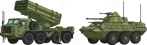 Military armored vehicles and rocket launcher truck illustration, modern army combat transport equipment, tactical warfare vehicle set