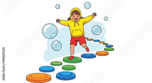 Joyful Child Navigates Colorful Stepping Stones Amidst Bubbles