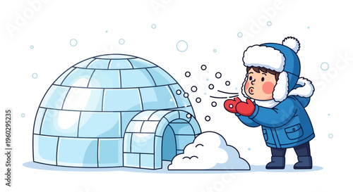 Joyful Child Playing with Snowflakes Next to an Igloo
