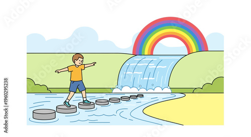 Joyful Child Navigates Stepping Stones Toward Waterfall Adventure