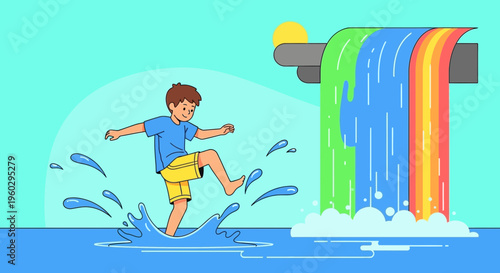 Joyful Child Plays In Vibrant Rainbow Waterfall Splash Zone