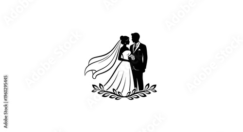 Wedding Couple Silhouette Icon with Laurel Wreath - Bride and Groom Icon
