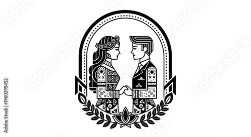 Traditional Wedding Couple Illustration Black and White Emblem