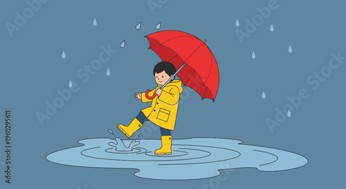 Joyful Child Splashing Through Rain Puddles With Red Umbrella