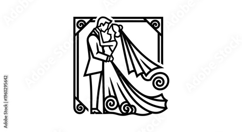 Wedding Couple Embracing in Art Deco Style Frame