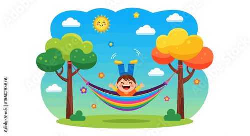 Joyful Child Swinging Upside Down In A Colorful Hammock Amidst Nature