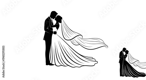 Elegant Silhouette of Bride and Groom in Romantic Embrace