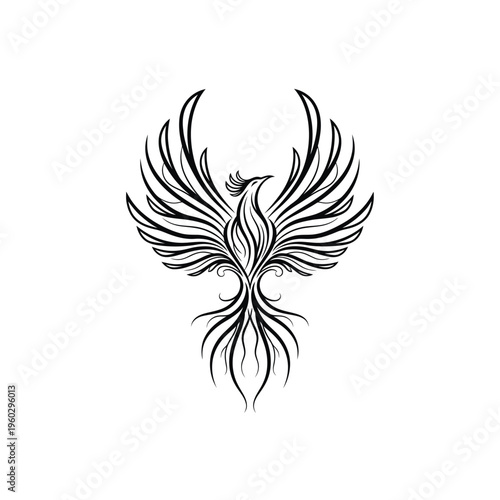 Mythical Phoenix Bird Emblem Tattoo Design, Stylized Wings, Black and White