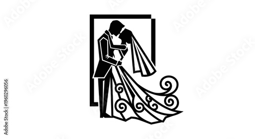 Elegant Silhouette of Bride and Groom Embracing, Wedding Vector Art