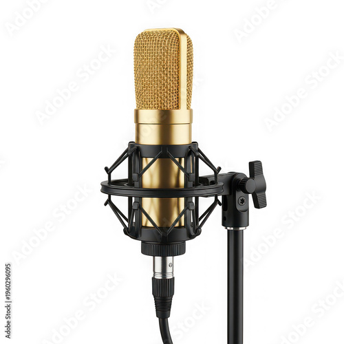 Professional gold-colored condenser microphone on a stand for studio recording.
